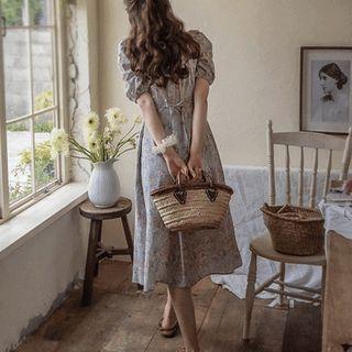 Puff-sleeve Wrap-front Floral Long Dress