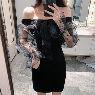 Off-shoulder Dotted Mesh-sleeve A-line Dress