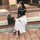 Band-waist Fringed Long Skirt