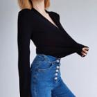 V-neck Plain Knit Top Black - One Size