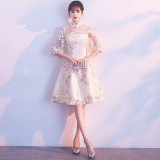 Elbow-sleeve Lace Appliqued A-line Party Dress