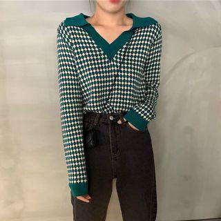 Patterned V-neck Sweater Knit Top - Green - One Size