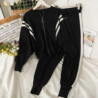 Set: Stripe-trim Loose Jacket + High-waist Harem Pants Black - One Size