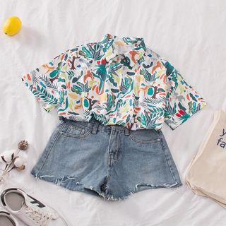 Short-sleeve Leaf Print Blouse White - One Size
