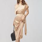 Short-sleeve Satin A-line Midi Dress