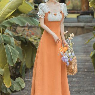 Short-sleeve Floral Frill Trim Midi A-line Dress