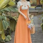 Short-sleeve Floral Frill Trim Midi A-line Dress