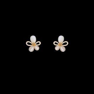 Flower Cat Eye Stone Earring 1 Pair - White Cat Eye Stone - Gold - One Size