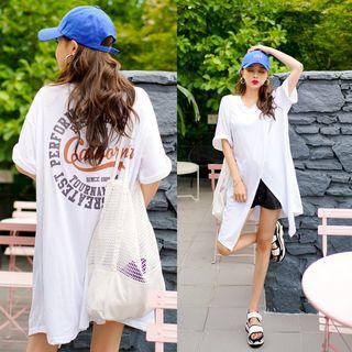 Wrap-front Lettering-back Long T-shirt