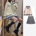 Embroidered V-neck Sweater / Pleated Mini A-line Skirt / Set