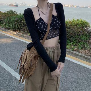 Halter-neck Floral Camisole Top / Long-sleeve Plain Cardigan / High-waist Drawstring Wide-leg Pants