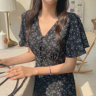 Flutter-sleeve Long Floral Dress Black - One Size