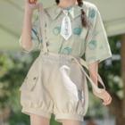 Short-sleeve Graphic Print Shirt / Embroidered Suspender Shorts