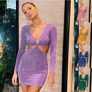 Long Sleeve V-neck Cut-out Mini Bodycon Dress