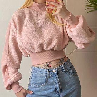 Letter Embroidered Faux Shearling Cropped Pullover