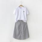 Set: Embroidered Short-sleeve T-shirt + Striped Midi Skirt