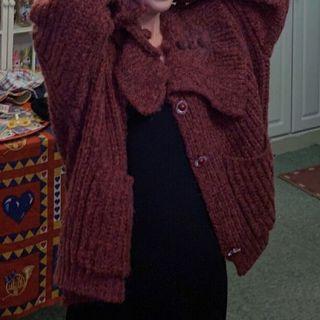 Knitted Loose-fit Sailor Collar Cardigan Red - One Size