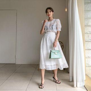 See-through Plaid Blouse & Skirt Matching Set