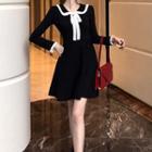 Contrast Trim Long-sleeve Mini A-line Dress Black - One Size