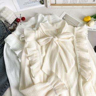Embossed Ribbon-neckline Ruffled Loose Shirt