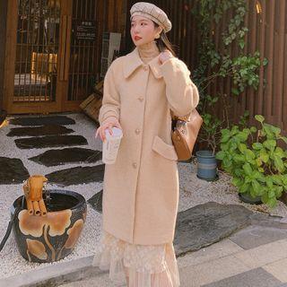 Plain Coat / Mock-turtleneck Knit Top / Midi Lace Skirt