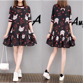 Cat Print Elbow Sleeve Chiffon Dress