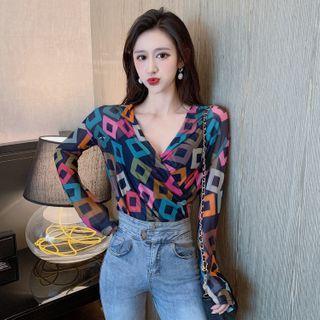 Geometric Print Long-sleeve V-neck Mesh Top