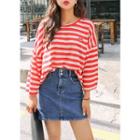 Plus Size Heart-embroidered Loose-fit Stripe T-shirt