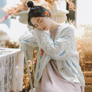 Long-sleeve Cable-knit Cardigan White - One Size