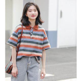 Short-sleeve Striped Polo Shirt Stripe - Tangerine & Blue & Gray - One Size