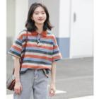 Short-sleeve Striped Polo Shirt Stripe - Tangerine & Blue & Gray - One Size