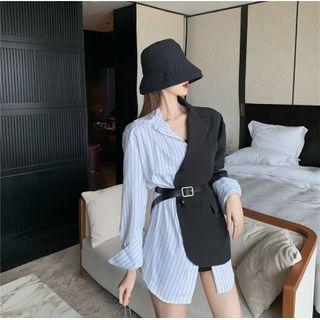 Mock Two Piece Striped Blazer Dress With Belt Blazer - One Size