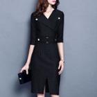 V-neck Elbow-sleeve Sheath Dress