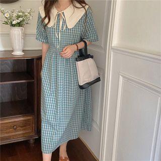 Short-sleeve Tie Neck Collared Plaid Dress Blue - One Size