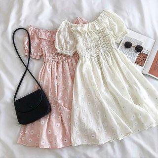 Floral Off-shoulder Frilled Short-sleeve Dress