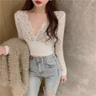 Long-sleeve Lace Crop Top White - One Size