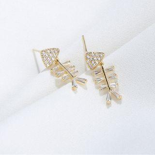 925 Sterling Cz Fish Bone Stud Earring 1 Pair - Silver Needle - Gold - One Size