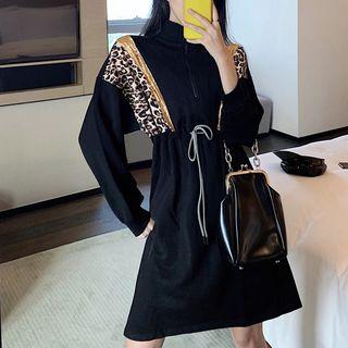 Long-sleeve Animal Printed Drawstring Waist Dress Black - One Size