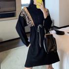 Long-sleeve Animal Printed Drawstring Waist Dress Black - One Size