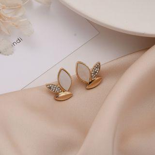 S925 Sterling Silver Rhinestone Leaf Ear Stud 1 Pair - 925 Silver - Earrings - One Size