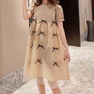 Short-sleeve Bow Mesh Panel Dress