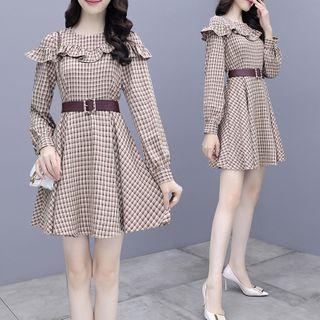 Long-sleeve Ruffled Checked Mini A-line Dress