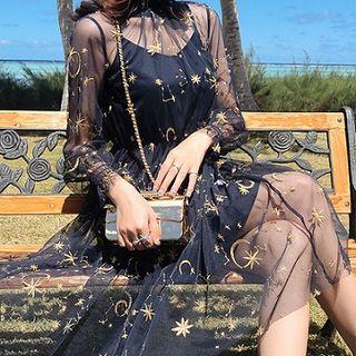 Set: Slipdress + Long-sleeve Embroidered A-line Dress