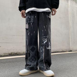 Paisley Panel Splatter Print Wide Leg Jeans