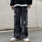 Paisley Panel Splatter Print Wide Leg Jeans
