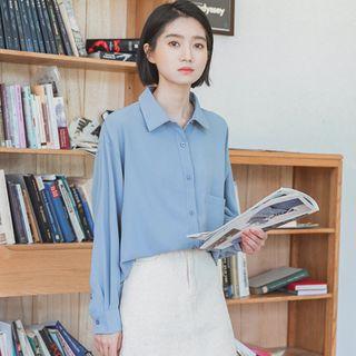 Long-sleeve Plain Shirt Grayish Blue - One Size