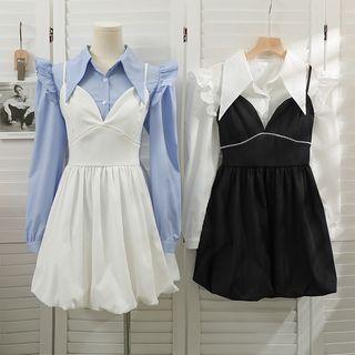 Set: Ruffle-trim Pointy Shirt + Pearl-trim Sleeveless Mini Dress