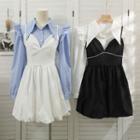 Set: Ruffle-trim Pointy Shirt + Pearl-trim Sleeveless Mini Dress