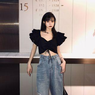 Ruffled Layer Short-sleeve Drawstring Cropped Blouse