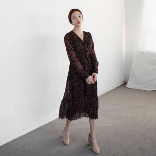 Wrap-front Crinkled Floral Long Dress
